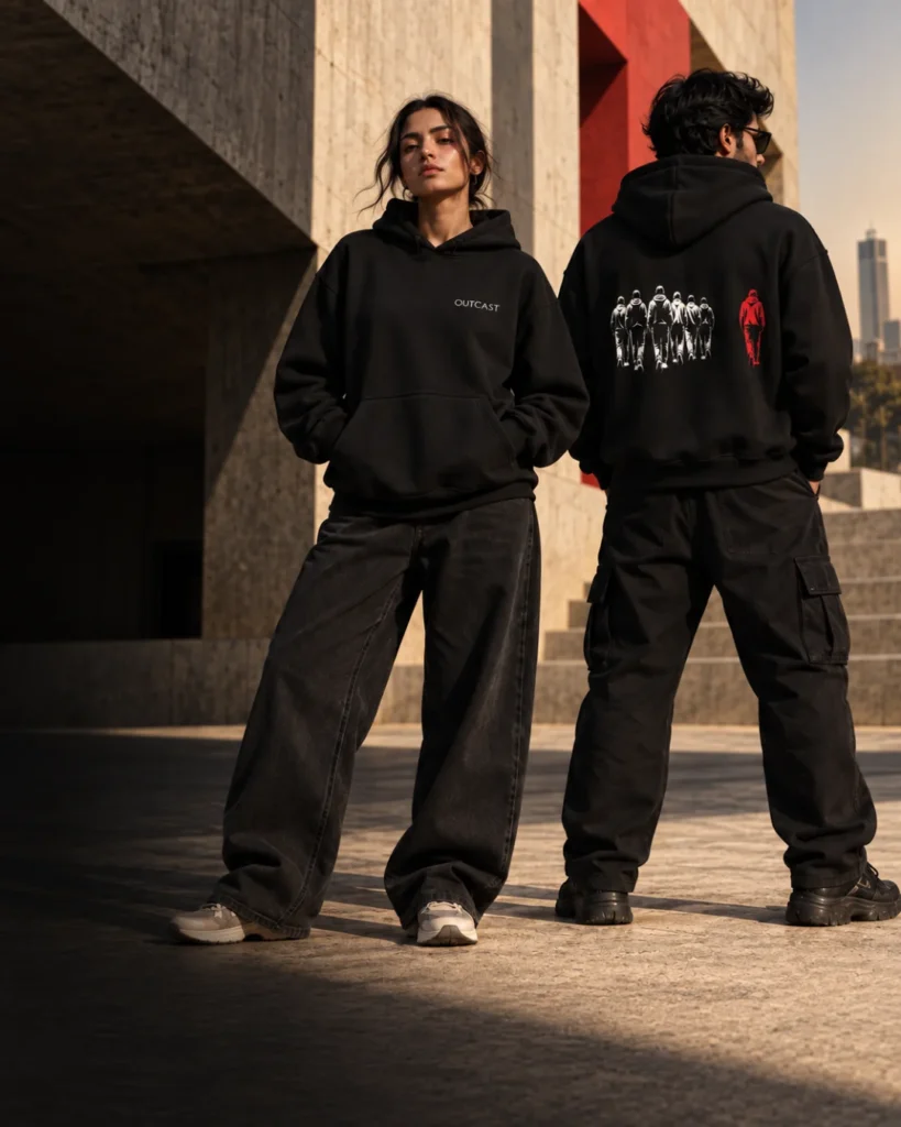 OUTCAST mobile campaign: adult woman and man wearing the branded heavyweight hoodie