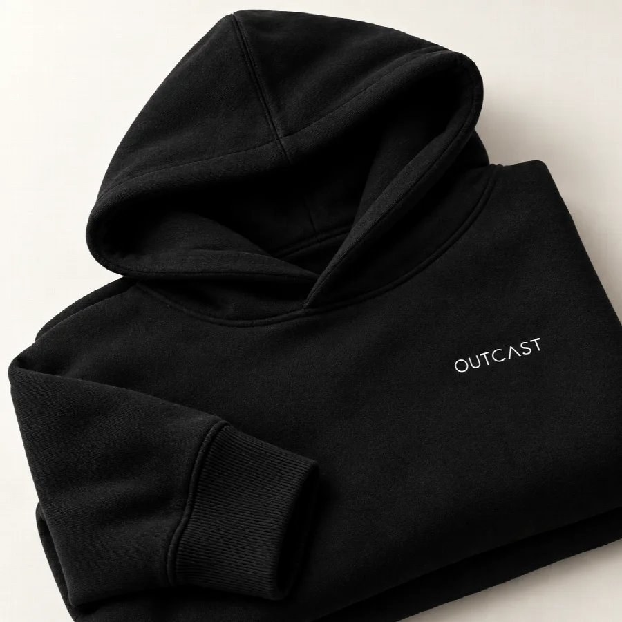 OUTCAST Essential hoodie close-up showing the chest wordmark, thick black fabric and ribbed cuff