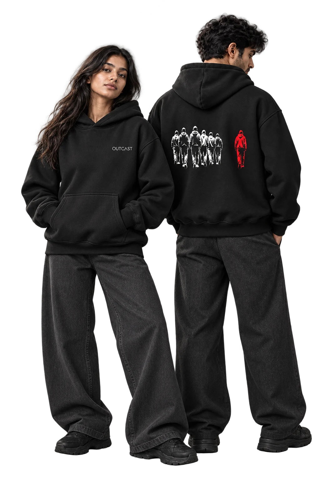 Models wearing OUTCAST black hoodies — Dare to Be Different campaign