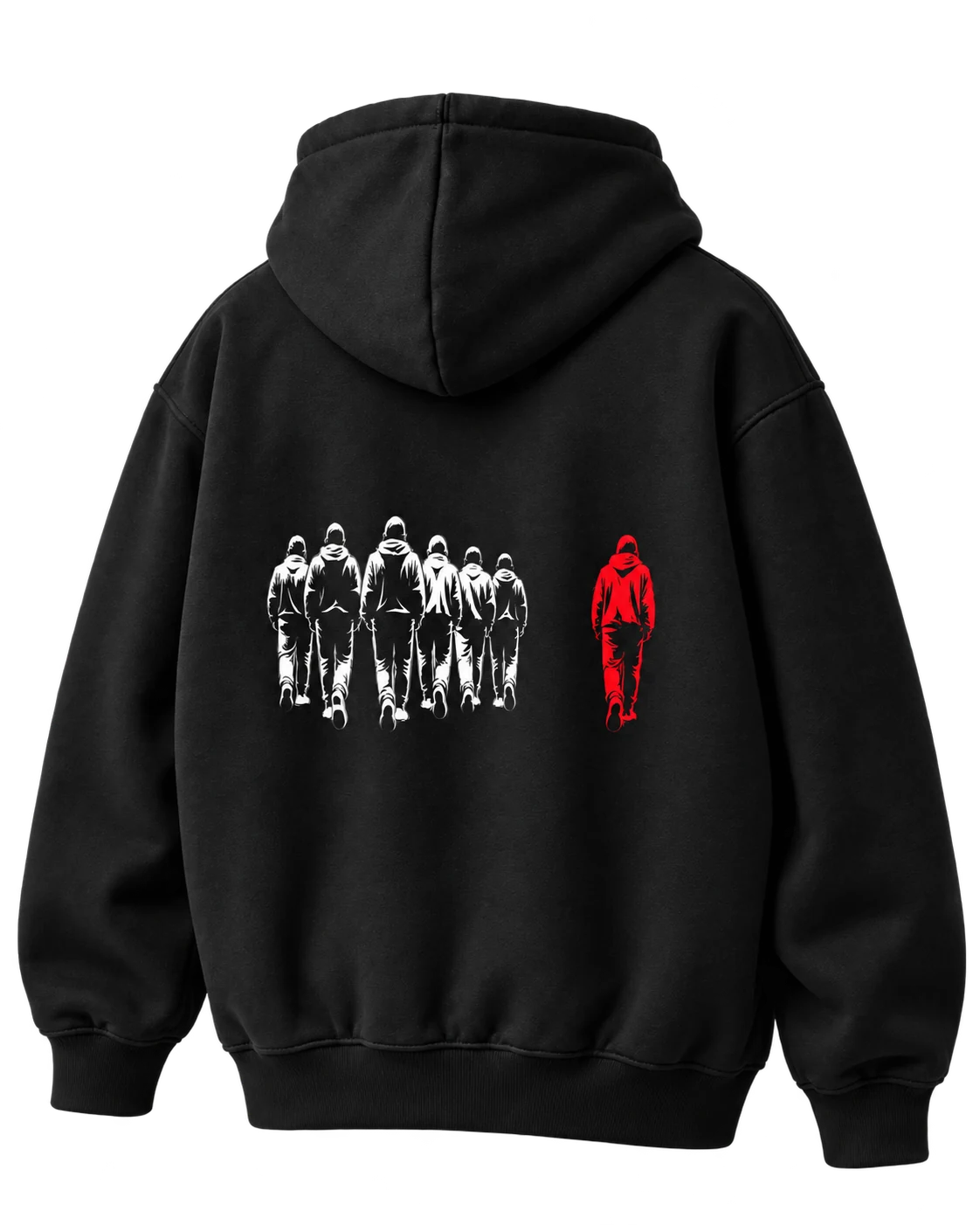 OUTCAST graphic black hoodie back — campaign artwork