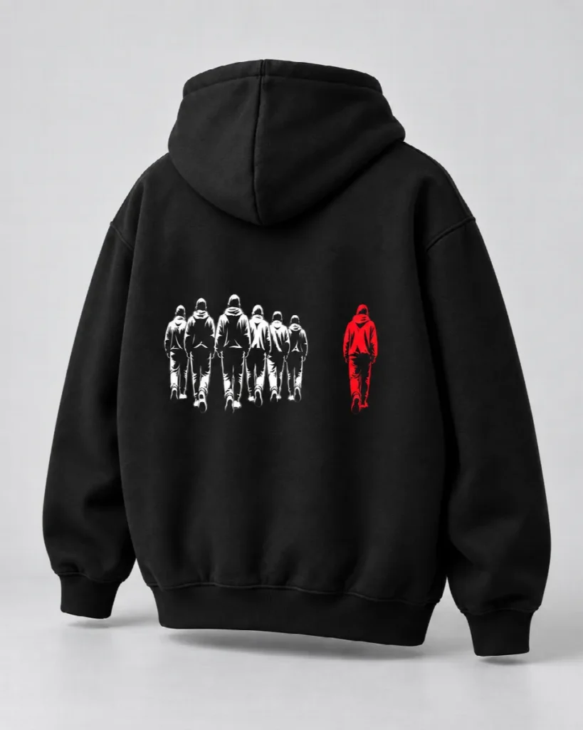 OUTCAST Different Minds hoodie, red and white back artwork in a new studio photograph