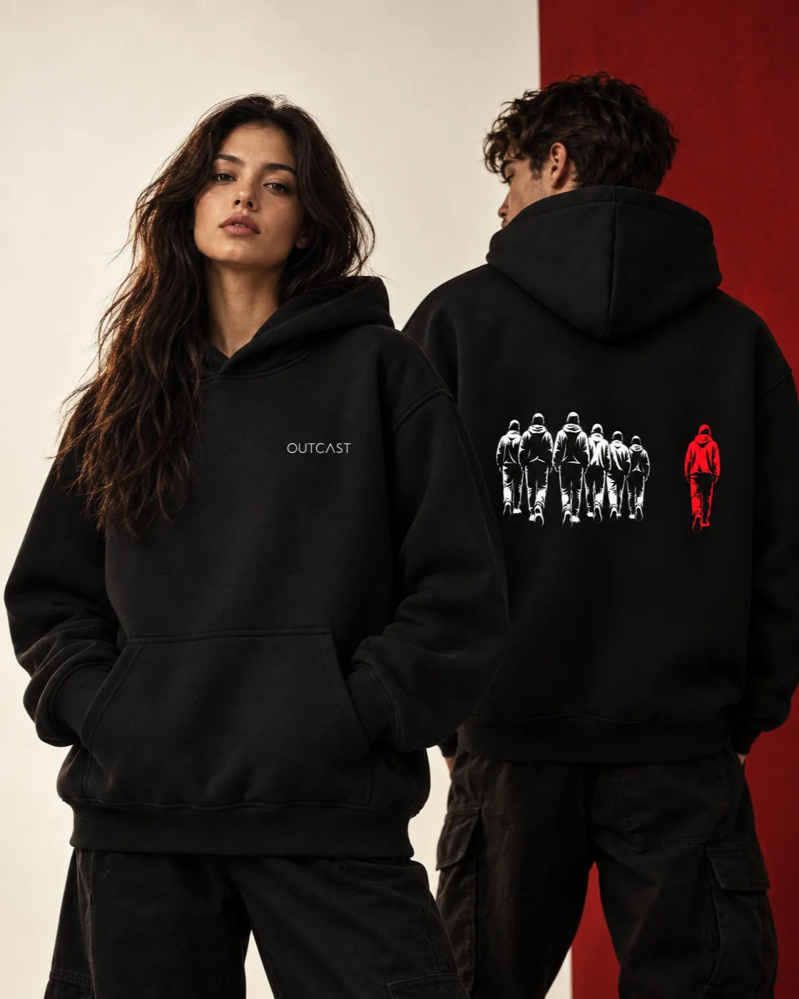 OUTCAST studio campaign: woman in the Essential hoodie and man wearing the Different Minds back graphic