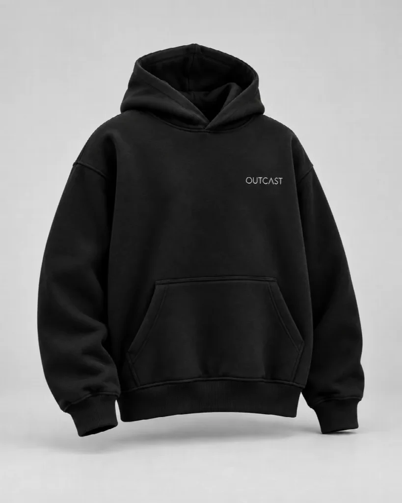 OUTCAST Essential heavyweight hoodie, new studio front view with original chest wordmark